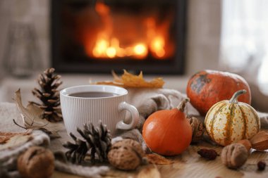 Warm cup of tea, pumpkins, autumn leaves, cozy scarf on rustic wooden table on background of burning fireplace. Hygge fall home, rural banner. Autumn still life. Happy Thanksgiving