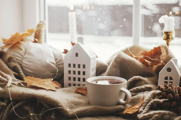 Cozy Autumn Warm Cup Tea Stylish Pumpkin Pillows Fall Leaves — стоковое фото