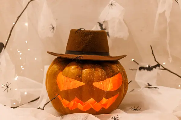 Feliz Halloween Spooky Jack Linterna Calabaza Tallada Telaraña Fantasma Murciélagos —  Fotos de Stock