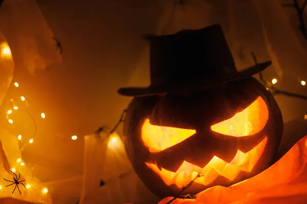 Spooky Jack Lanterna Intagliato Zucca Ragnatela Fantasma Pipistrelli Luce Incandescente — Foto Stock