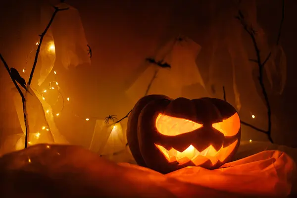 Spooky Jack Linterna Calabaza Tallada Telaraña Fantasma Murciélagos Luz Brillante — Foto de Stock