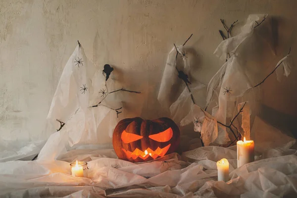 Frohes Halloween Spuk Jack Laterne Geschnitzten Kürbis Spinnennetz Geist Fledermäuse — Stockfoto