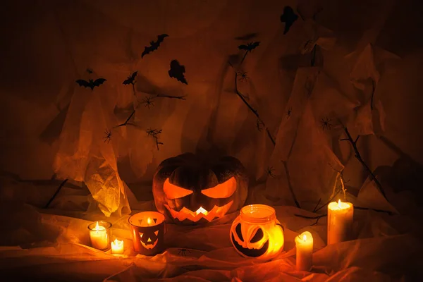 Happy Halloween Spooky Jack Lantern Carved Pumpkin Spider Web Ghost — Stock Photo, Image