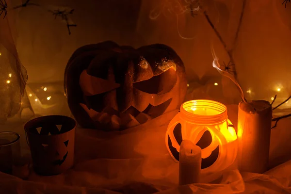 Spooky Jack Linterna Calabaza Tallada Telaraña Fantasma Murciélagos Luz Brillante — Foto de Stock
