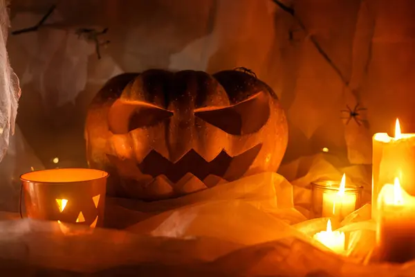 Spooky Jack Linterna Calabaza Tallada Tela Araña Cubo Caramelo Arañas — Foto de Stock