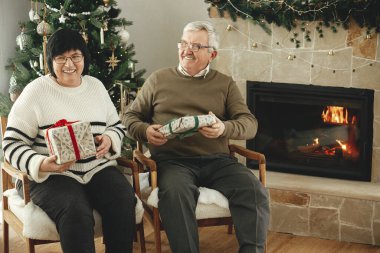 Mutlu son sınıf aileleri Noel hediyelerini değiş tokuş ediyor ve şık, şenlikli oturma odasında sıcak şöminenin keyfini çıkarıyor. Güzel yaşlı bir çift ellerinde hediyelerle oturuyor. Mutlu Noeller.!