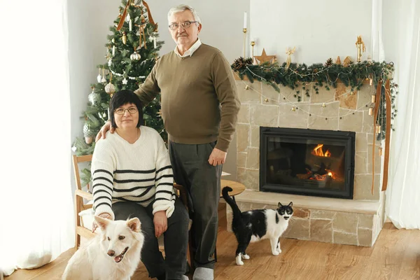Happy senior couple enjoying cozy fireplace with cute dog and cat in stylish festive christmas living room. Beautiful elderly family with pets posing on background of stylish christmas tree