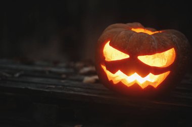 Mutlu Cadılar Bayramı! Karanlık ormanda sonbahar yapraklarında parlayan ürkütücü Jack o fener. Korkunç atmosferik cadılar bayramı balkabağı oyması. Yuh! Korku zamanı. Boşluğu kopyala