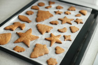 Yeni pişmiş zencefilli kurabiyeler, modern beyaz mutfaktaki pişirme tepsisinde Noel şenliği şekillerinde. Noel kurabiyesi yapıyorum.