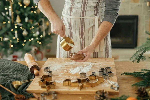Man Making Christmas Gingerbread Cookies Hands Kneading Gingerbread Dough Rolling — Stock Photo, Image