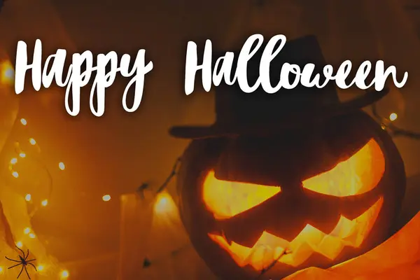Happy Halloween Happy Halloween Text Jack Lantern Carved Pumpkin Spider — Stock Photo, Image
