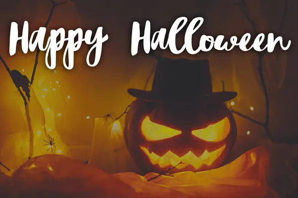 Feliz Halloween Feliz Halloween Texto Jack Linterna Calabaza Tallada Con — Foto de Stock