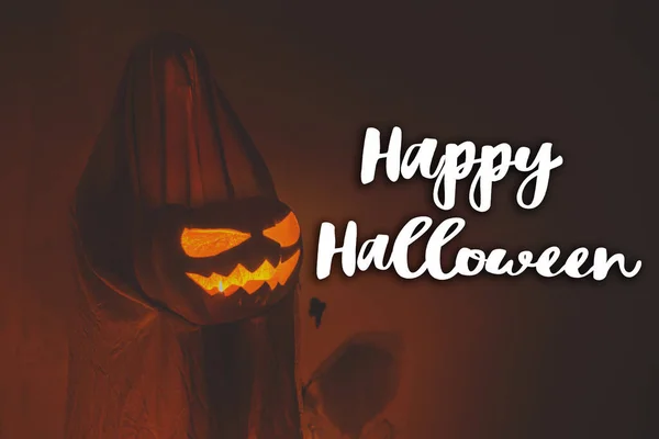 Frohes Halloween Happy Halloween Text Und Gruselige Geist Hält Jack — Stockfoto