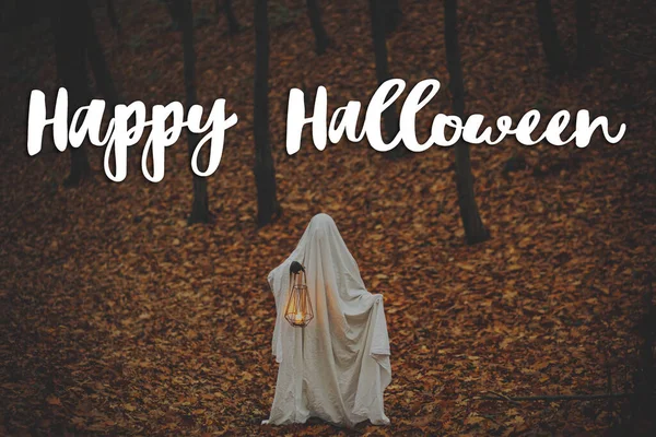 Happy Halloween Happy Halloween Text Spooky Ghost Holding Glowing Lantern — Stock Photo, Image