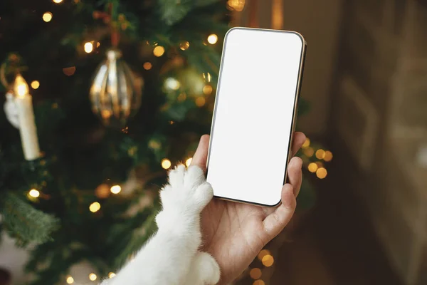 Telefone Natal Está Gozar Mão Segurando Smartphone Com Tela Vazia — Fotografia de Stock