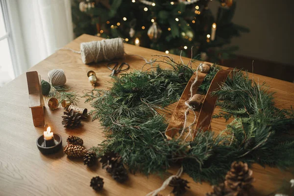 Stylish Christmas Rustic Wreath Cedar Branches Ribbon Vintage Bells Pine — Stock Photo, Image