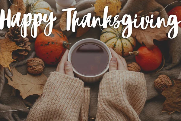 Happy Thanksgiving! Happy thanksgiving text and hands in sweater holding warm cup of tea flat lay with stylish pumpkins and fall leaves. Season Greeting card, handwritten sign. Give thanks