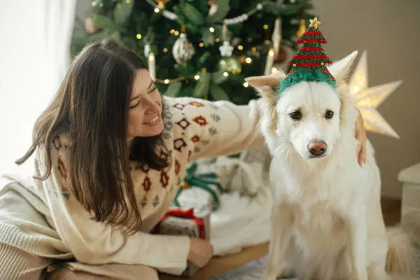Happy Woman Cozy Sweater Hugging Cute White Dog Festive Accessory — Stock Photo, Image