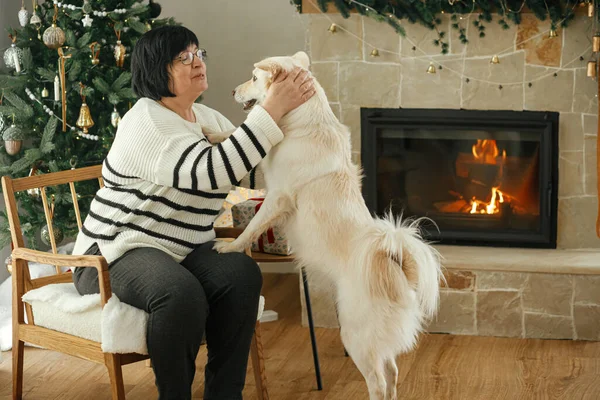 スタイリッシュなクリスマスツリーとお祝いの暖炉の背景にかわいい白い犬と遊ぶ美しい成熟した女性 ペットと居心地の良い冬の休日の時間を楽しんでいる幸せな大人の女性 — ストック写真