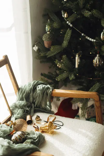 Stylish Christmas Vintage Baubles Ribbons Brass Bells Scissors Cozy White — Stock Photo, Image