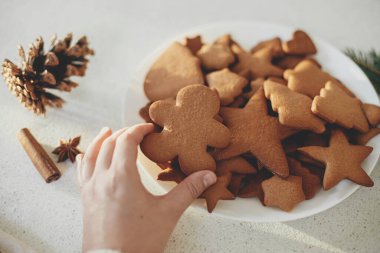 Sıcak güneş ışığında modern tezgahta kurabiyeli lezzetli zencefilli kurabiyeleri tabağa karşı tutarak. Fırınlanmış taze Noel kurabiyeleri, atmosferik tatil zamanı.