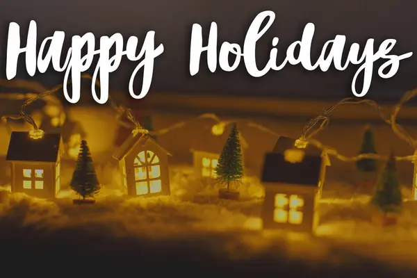 Happy Holidays Text Cozy Christmas Miniature Village Lights Bokeh Evening — Stock Photo, Image