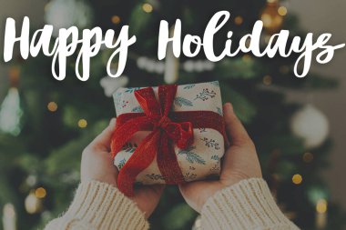 Mutlu tatiller mesajları ellerimizde rahat bir süveter içinde kırmızı kurdeleli kırmızı kurdeleli şık bir Noel hediyesi ışıklarla. Mutlu noeller. Sezonun tebrik kartı. El yazısı işareti