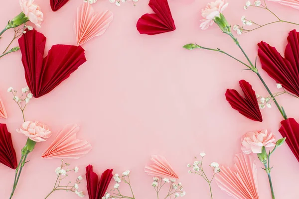 Dia Dos Namorados Flat Lay Composição Corações Rosa Vermelho Elegante — Fotografia de Stock