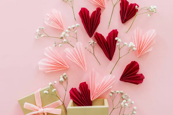 Grattis Alla Hjärtans Dag Snygg Rosa Och Röda Hjärtan Blommor — Stockfoto