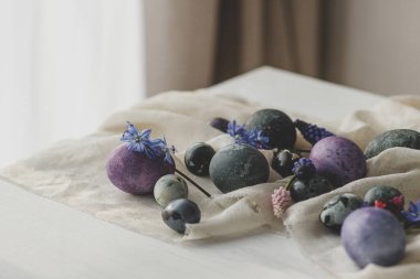 Şık paskalya yumurtaları, yumuşak bahar çiçekleri ve kırsal beyaz masa üzerinde keten kumaş. Mesaj için yer var. Mutlu Paskalyalar! Doğal boyalı mermer ve mor yumurtalar. Mevsimler selamlar