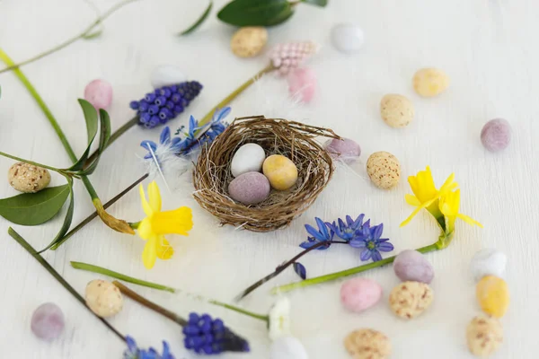 Barevná Velikonoční Čokoládová Vejce Hnízdě Jarní Květiny Peří Venkovském Dřevěném — Stock fotografie