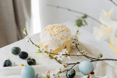 Paskalya yumurtaları, panettone ve bahar çiçekleri kırsal masada keten kumaş üzerinde. Doğal boya yumurtaları ve kiraz çiçekleri, şenlik için asgari yaşam. Mutlu Paskalyalar!