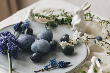 Klasik tabakta paskalya yumurtaları, tavşancık ve kırsal masada bahar çiçekleri. Mutlu Paskalyalar! Doğal boya mavi yumurta, mor hiacyt çiçekleri keten peçetede. Tatil ayarları, en az sakin yaşam