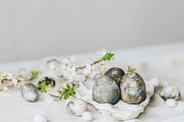 Mutlu Paskalyalar! Paskalya yumurtaları ve bahar çiçekleri keten kırsal masada. Tepside doğal boyanmış mermer yumurtalar ve kiraz çiçekleri. Modern durgun yaşam