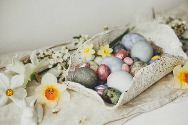 Mutlu Paskalyalar! Modern kasede kiraz çiçekli ve nergisli paskalya yumurtaları. Modern doğal boyanmış yumurta ve bahar çiçekleri. Paskalya 'da kırsal evdeki hayat dekorasyonu