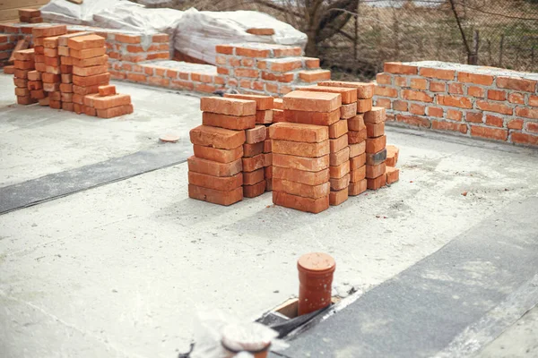 Stack Red Bricks Concrete Foundation Process House Building Concrete Foundation — Stock Photo, Image
