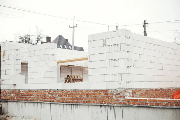 Masonry Autoclaved Aerated Concrete Blocks Bricks Concrete Foundation Laying Walls — Stock Photo, Image