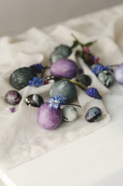 Mutlu Paskalyalar! Paskalya yumurtaları ve bahar çiçekleri sade beyaz masa üzerinde keten kumaş üzerinde. Paskalya modern basit afiş, metin için yer. Doğal boyanmış mermer ve mor yumurtalar hala hayattadır.