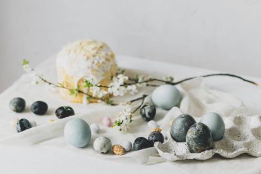 Mutlu Paskalyalar! Paskalya yumurtaları, ev yapımı paskalya ekmeği ve çarşaf peçetesinin üzerindeki bahar çiçekleri duvardaki kırsal masada. Doğal boyanmış mavi ve mermer yumurtalar ve kiraz çiçekleri durgun hayat verir.