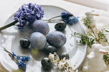 Mutlu Paskalyalar! Klasik tabakta paskalya yumurtaları, tavşan ve keten peçetede bahar çiçekleri, kırsal masa ayarı. Doğal boyalı mavi yumurtalar ve sümbül çiçekleri. Modern durgun yaşam