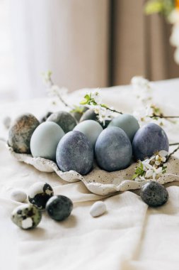 Paskalya yumurtaları ve kır masasında bahar çiçekleri. Mutlu Paskalyalar! Doğal boya mermeri, tepside mavi yumurta ve kiraz çiçekleri. Mutlu Paskalyalar! Tatil için en az yaşam süresi
