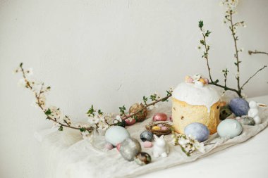 Paskalya yumurtaları, panettone, tavşanlar, kırsal masada kiraz çiçeği kompozisyonu. Mutlu Paskalyalar! Modern doğal boyanmış yumurta, şenlikli yemek ve bahar çiçekleri. Kırsal yaşam