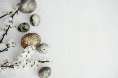 Mutlu Paskalyalar! Paskalya yumurtaları ve kiraz çiçekleri sade beyaz masa yatağında. Modern doğal boya mermer yumurta ve bahar çiçekleri. Metin için en düşük paskalya sınır şablonu