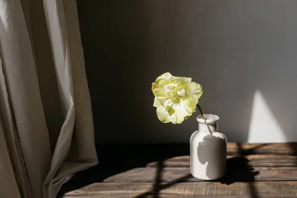 Frühlingsblume Der Vase Rustikales Stillleben Schöne Gelbe Tulpe Auf Einer — Stockfoto