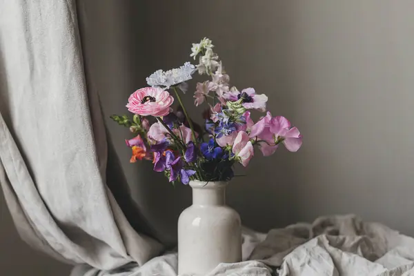 Summer Flowers Vase Rustic Moody Still Life Beautiful Colorful Anemone — Stock Photo, Image