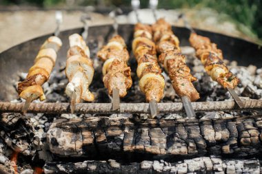 Yakından ateş çukurunda pişen lezzetli kebap. Modern şömine çukurunda et ve sebze ızgarası. Açık havada yaz pikniği. 4 Temmuz