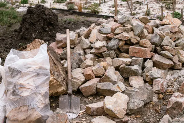 Pile Stones Pathway Cottage Garden Close Rocks Concrete Making Edge Immagini Stock Royalty Free