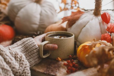 Sıcak bir süveter, sıcak bir fincan çay ve balkabağı, yapraklar ve pencere pervazında mum tutuyor. Sonbahar kızarıklığı, çirkin bir kavram. Mutlu Şükran Günleri