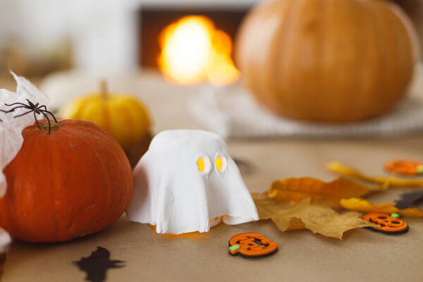 Ghosts Spiders Pumpkin Table Living Room Halloween Preparation Carve Pumpkin Stock Image