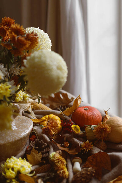 Chrysanthemum Vase Pumpkins Fall Leaves Berries Pine Cones Table Living Stock Image